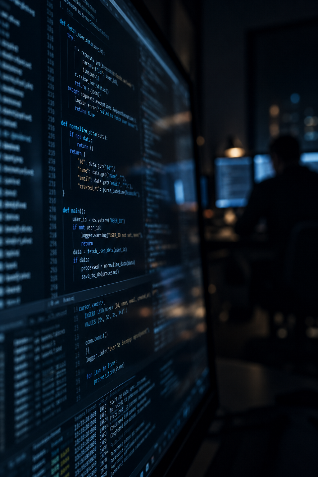 Code on a dark computer display with a shadowed figure at a workstation in the background