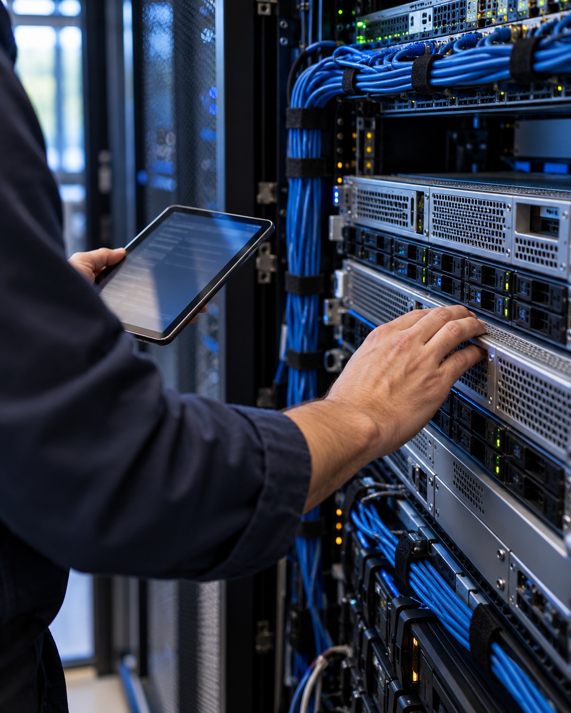 Hands checking rack-mounted server equipment beside blue network cables